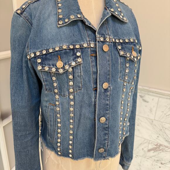 Veronica Beard Cara Cropped Jean Denim Rhinestone Studded Jacket - Picture 2 of 7
